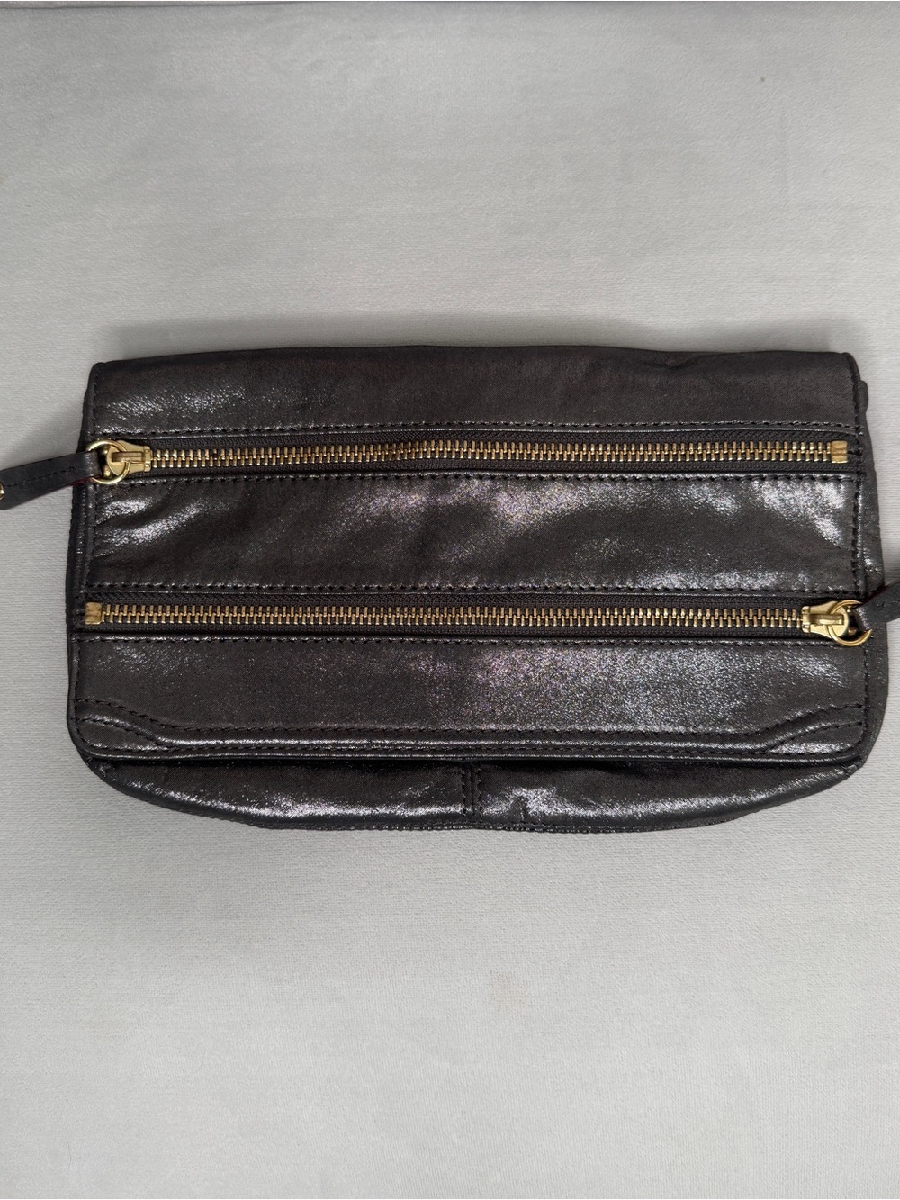 MZ Wallace Metallic Silver-ish Clutch with Gold Zippers